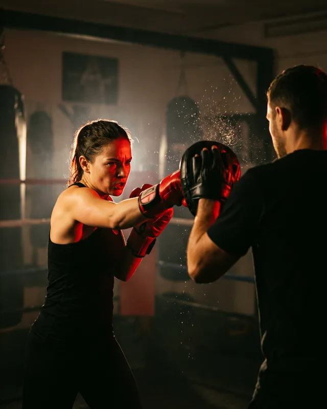 A boxer hitting focus mitts held by a coach