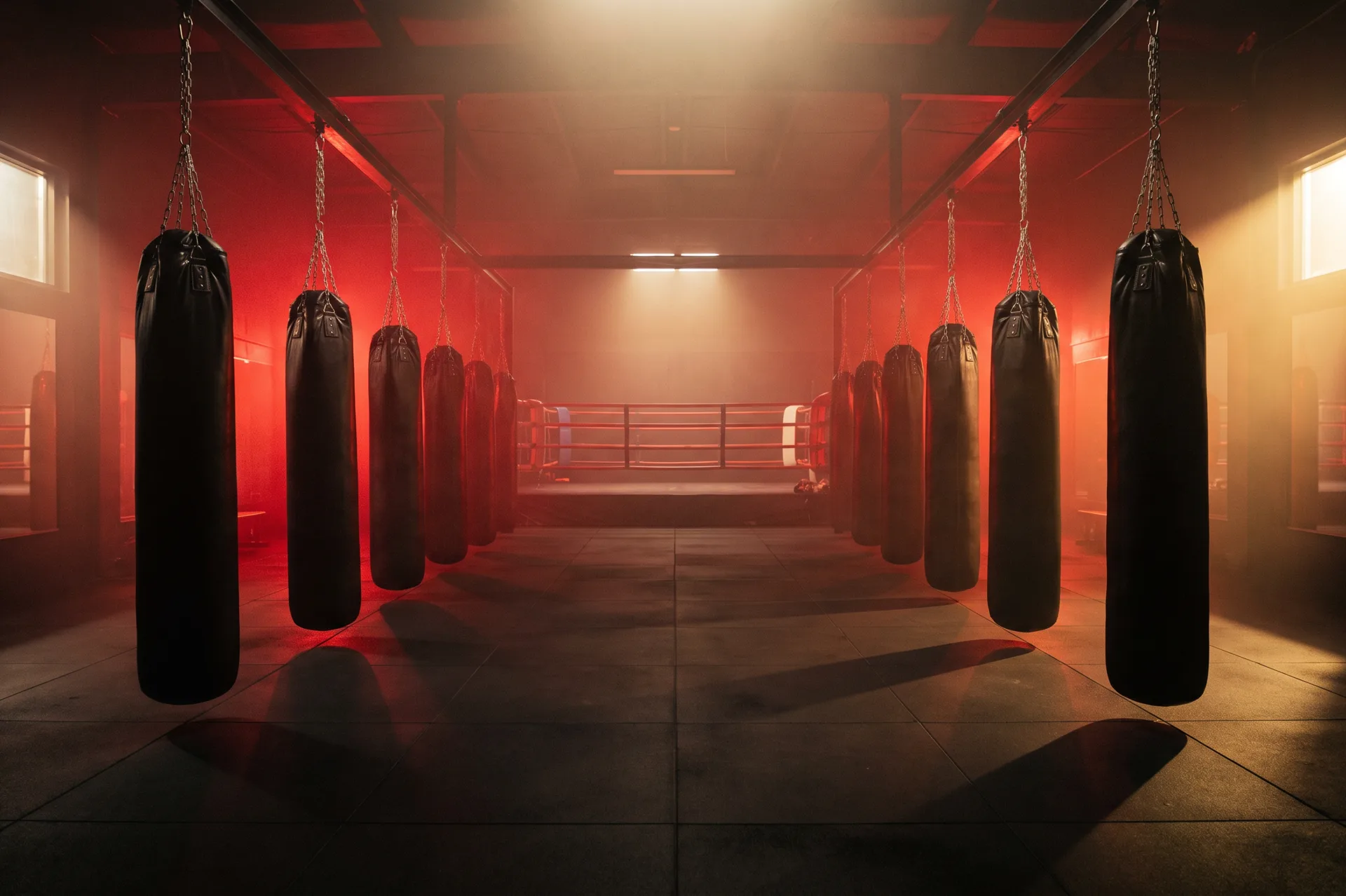 A Muay Thai gym at night with rows of heavy bags leading to a ring