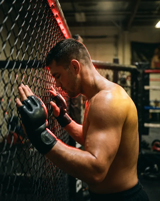 An MMA fighter resting against the cage