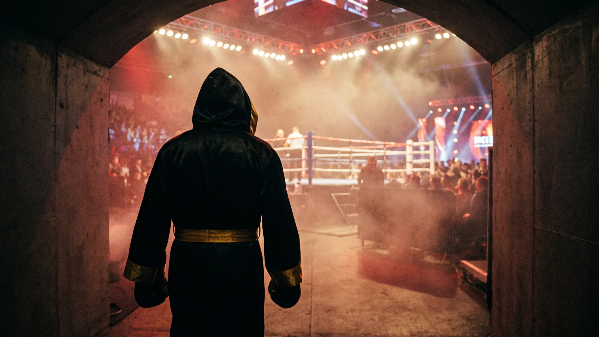 A fighter in a robe walking out towards a lit ring